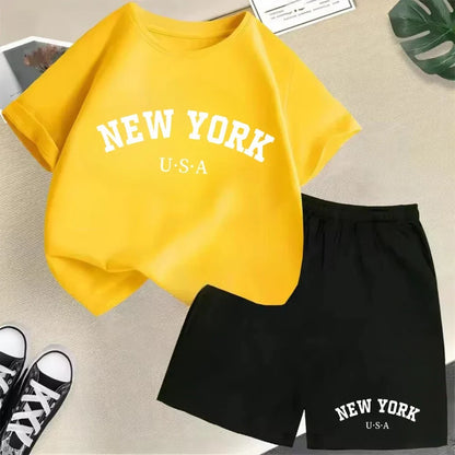 2026 New Kids Boys Girls New York Letter Pattern Cotton T-shirt+Shorts 2-Piece Set Casual Daily