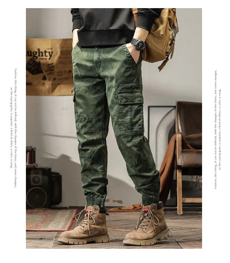 Length Men's Cargo Pant Cotton Stretch Casual Camouflage Trouser Male Camo Cuff Jogger Multi Zip Pocket Outfit Zipper Tied