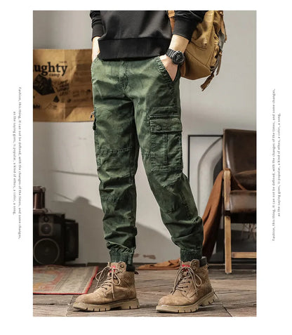 Length Men's Cargo Pant Cotton Stretch Casual Camouflage Trouser Male Camo Cuff Jogger Multi Zip Pocket Outfit Zipper Tied