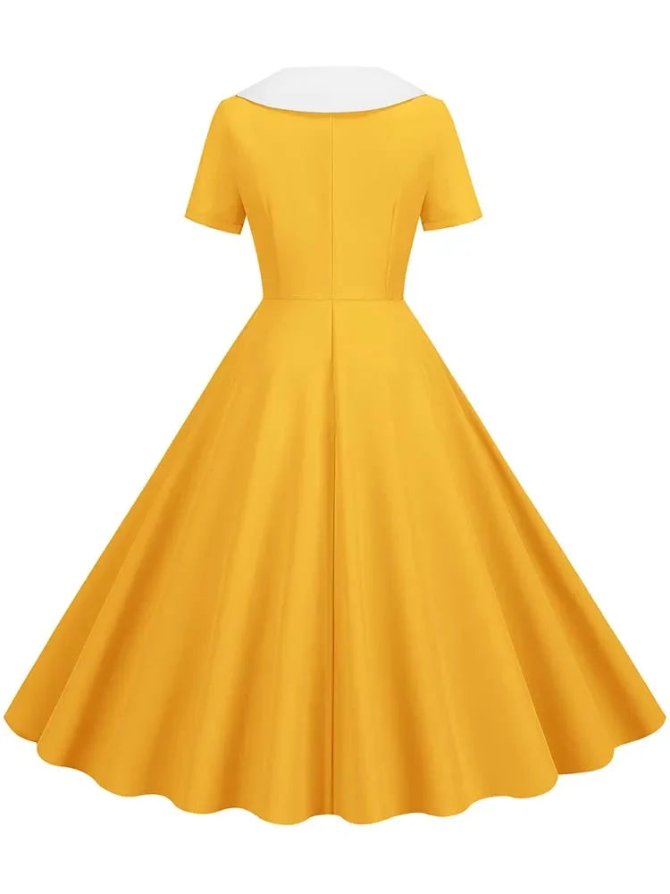 Summer Midi Dress Women Elegant Pink Vintage Party Sundress Casual Peter pan Collar Short Sleeve Dress