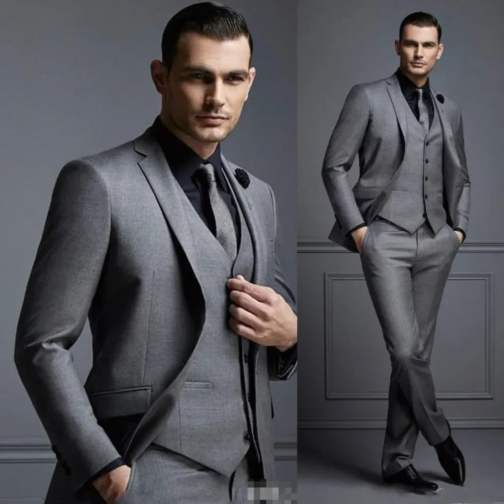 Grey Men Suit Groom Suit Cheap Formal Man Suits For Wedding Best Men Slim Fit Groom Tuxedos For Man(Jacket+Vest+Pants)