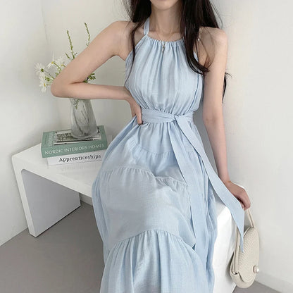 Korean Style Summer Slimming Necktie Waist Cinched Sleeveless Vest Long Dress Women's Fashionable Commute Style Inner Wear