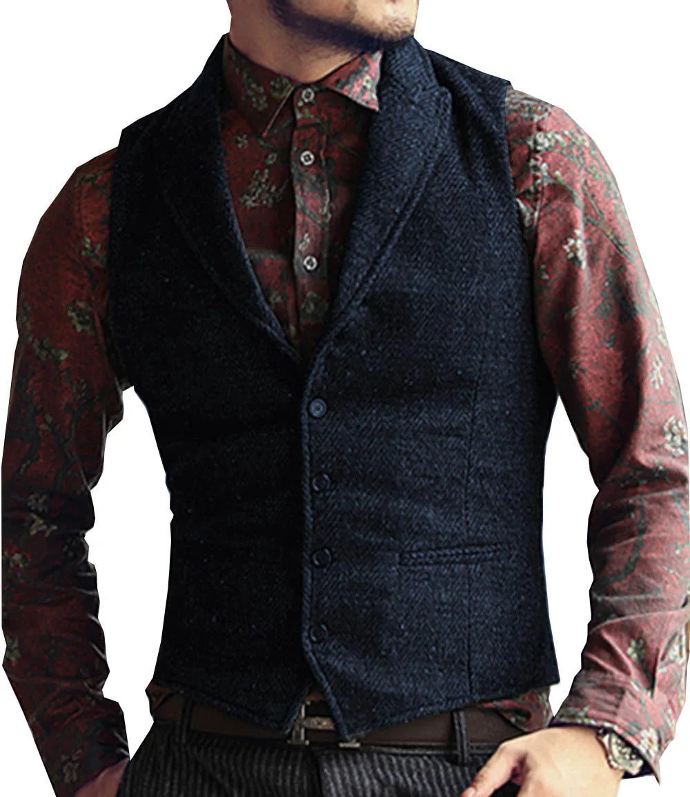 Men's Suit Vest Slim Fit Herringbone Pattern Mail Waistcoat Flip Tie Pocket Vest Business Banquet Wedding Groomsman Dress Vests