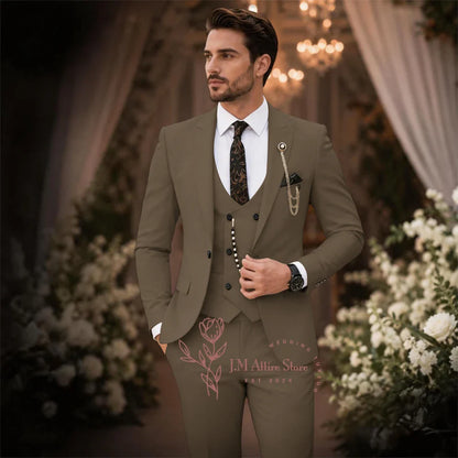 Sage Green Suit Men's 3 Piece Set Peak Lapel Jacket Vest Pants Custom Slim Fit for Wedding Groom Cocktail Party Tuxedo