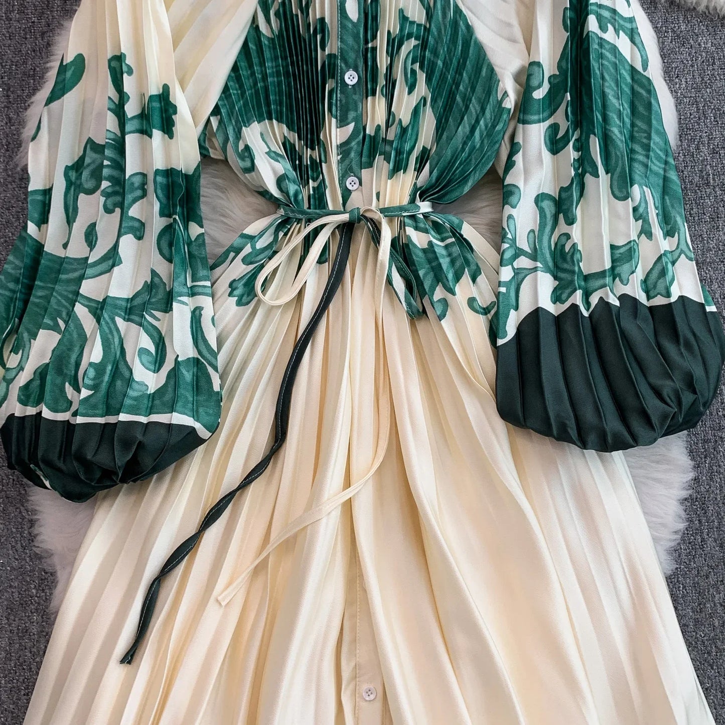 Ele Printed round Ne Lantern Sve Dr Women's Single Button Waist Cinch Maxi Skirt Long Dr Commute Sle Autumn