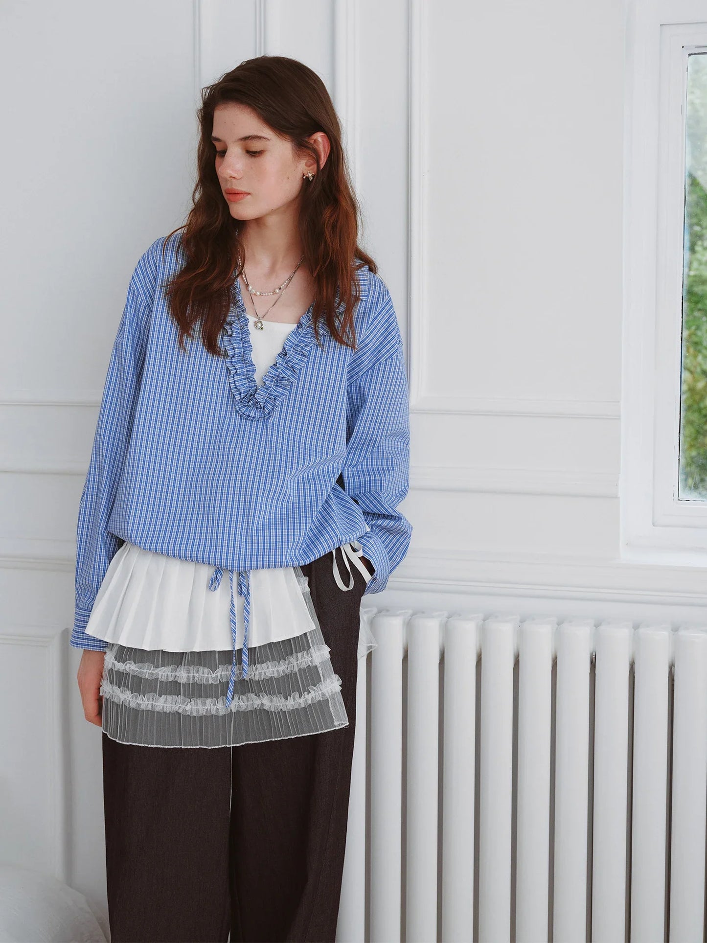 Autumn 2025 Ruffle Trim Blouse - V-Neck Long Sleeve Drawstring Tie Waist Adjustable Fit Women Casual Top