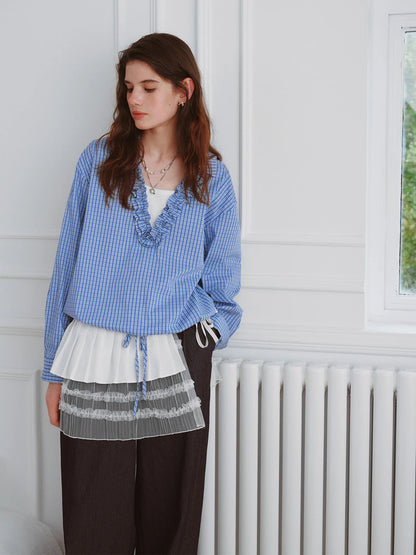 Autumn 2025 Ruffle Trim Blouse - V-Neck Long Sleeve Drawstring Tie Waist Adjustable Fit Women Casual Top