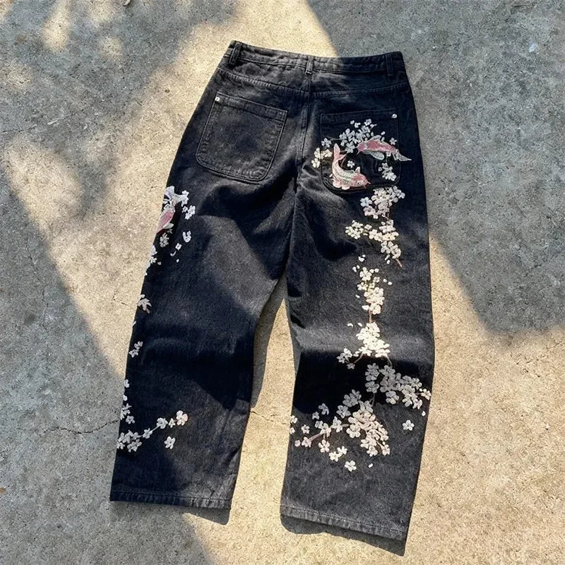 Y2K Harajuku Jeans Vintage Cherry Blossom Selvedge Denim Pants Hip Hop Gothic men women denim fabric wide leg pants streetwear