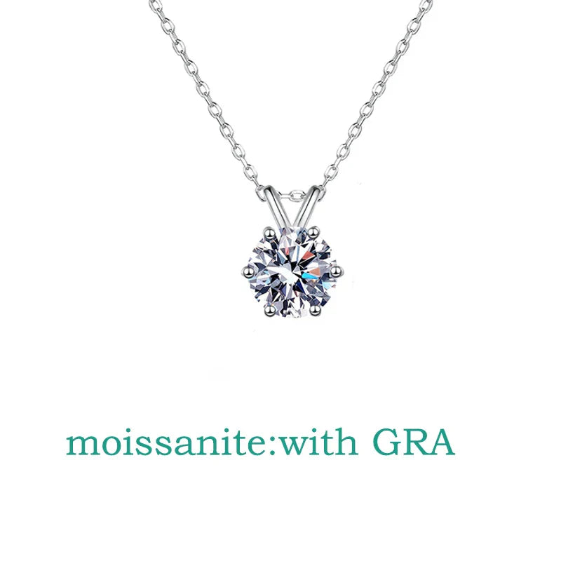 1-3CT Solitaire Moissanite Lab Diamond Necklace for Women Classic 6 Claws Sparkling Pendant 100% 925 Sterling Silver