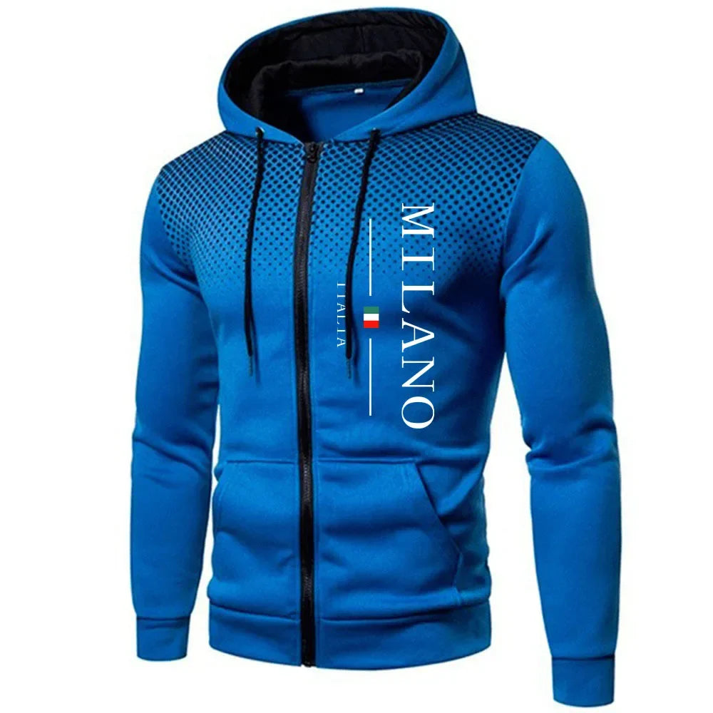 Italy Milan Print Men's Zip-up Hooded Outwear Fall Winter Male Daily Casual Sporty Jogging Hoodie Outdoor Motorcycle Riding Coat