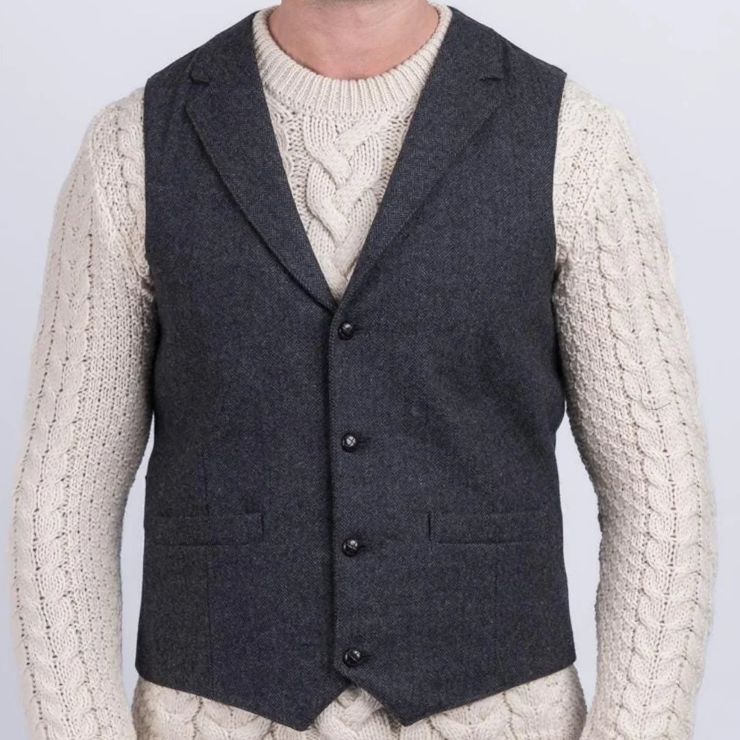 Men Vest Navy Blue Herringbone With Lapel Single Button Waistcoat For Wedding Party Business Office Work Daily Men Suit Vest