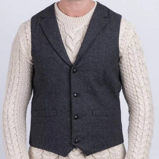 Men Vest Navy Blue Herringbone With Lapel Single Button Waistcoat For Wedding Party Business Office Work Daily Men Suit Vest