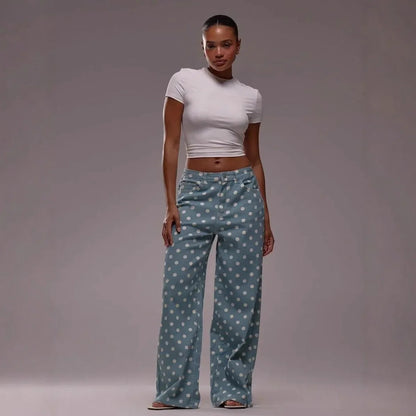 Spring Autumn High Wasit Jeans Pants Women 2026 Fashion Vintage Polka Dot Print Wide Legging Denim Trousers Bottoms Casual