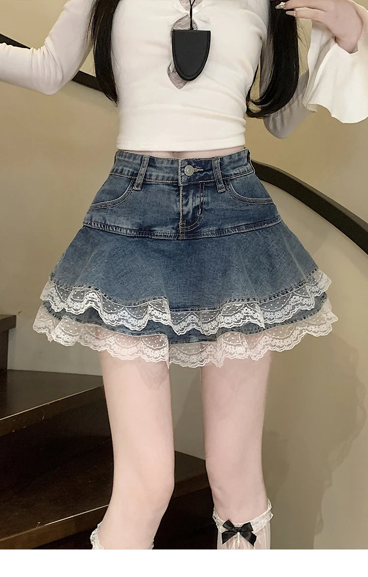 2025 Summer Mini Y2K Denim Skirt Women Fashion Streetwear Ruffles Kawaii Lace Skirts Shorts Preppy School Pleated Jeans Skirt