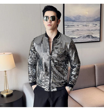Men's Fashionable and Personalized Silver Sequin Jacket Summer New Ball Performance Suit Jacket Hip-hop Fashion Street Wear