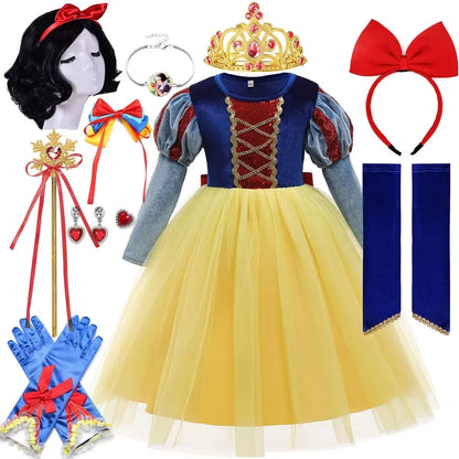 Halloween New Movie Snow White Princess Dress Girl Cosplay Yellow Snow White Party Yellow Stripe Dress Accessories Suit