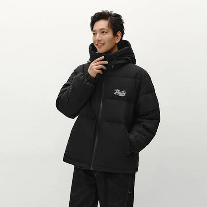 Down Jacket Men Winter 80% Down Fill Loose Hooded Outerwear Textured Street Trendy Letter Printed Top Men'S Clothing