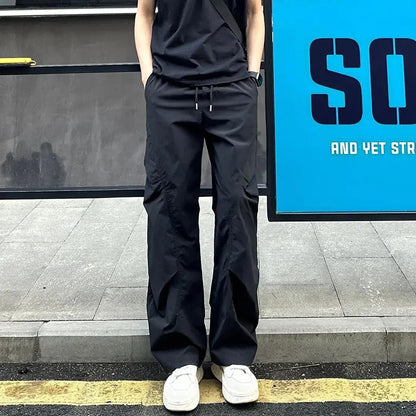 New High Street Pants Mens Casual Straight Trousers Wrinkled Trendy Streetwear Summer Lightweight Essentials Couple Cool Pants