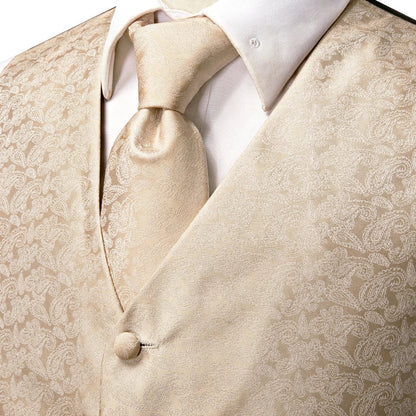 High Quality Silk Mens Vests Champagne Paisley Waistcoat Neck Tie Hanky Cufflinks Brooch Set for Men Suit Wedding Office