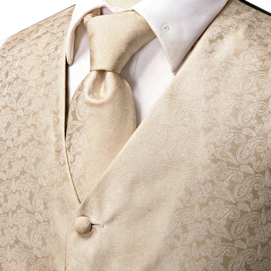 High Quality Silk Mens Vests Champagne Paisley Waistcoat Neck Tie Hanky Cufflinks Brooch Set for Men Suit Wedding Office