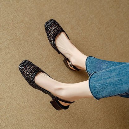 French square-toed woven high-heeled sandals, 2025 summer new skeletonized fashionable leather fabric mid-heel women's shoes