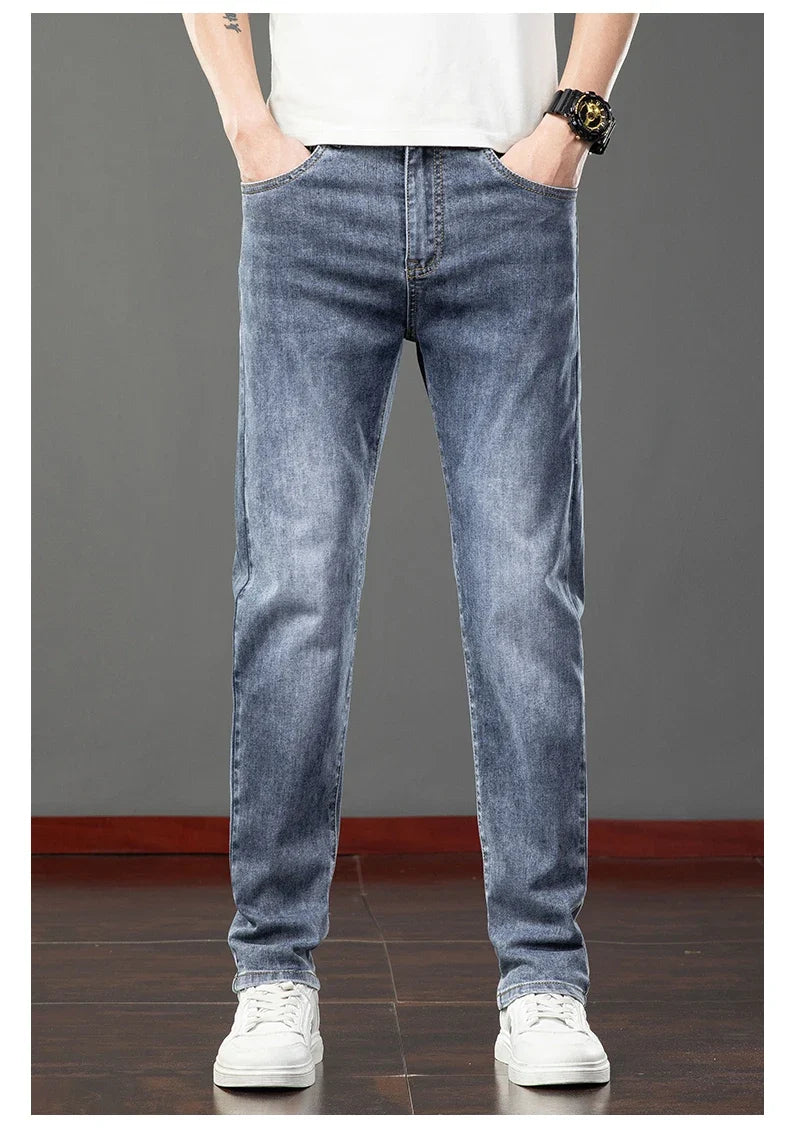 Spring Summer Thin Men's Jeans Fashion Korean Elastic Slim Straight Business Casual Denim Pants Classic Washed Male Trousers