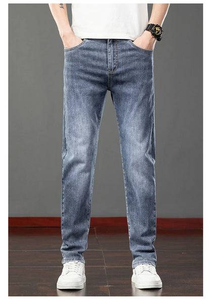 Spring Summer Thin Men's Jeans Fashion Korean Elastic Slim Straight Business Casual Denim Pants Classic Washed Male Trousers