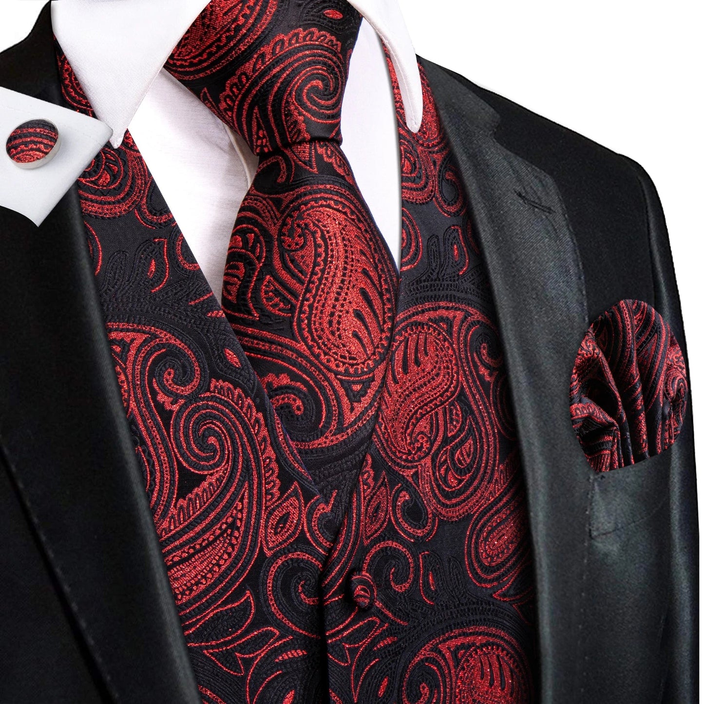 Formal Rose Pattern Paisley Plain Solid Mens Vest Party Wedding Waistcoat Pocket Square Tie  Hankie Suit Set