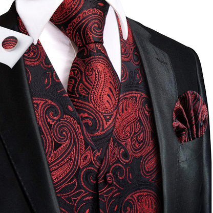 Formal Rose Pattern Paisley Plain Solid Mens Vest Party Wedding Waistcoat Pocket Square Tie  Hankie Suit Set
