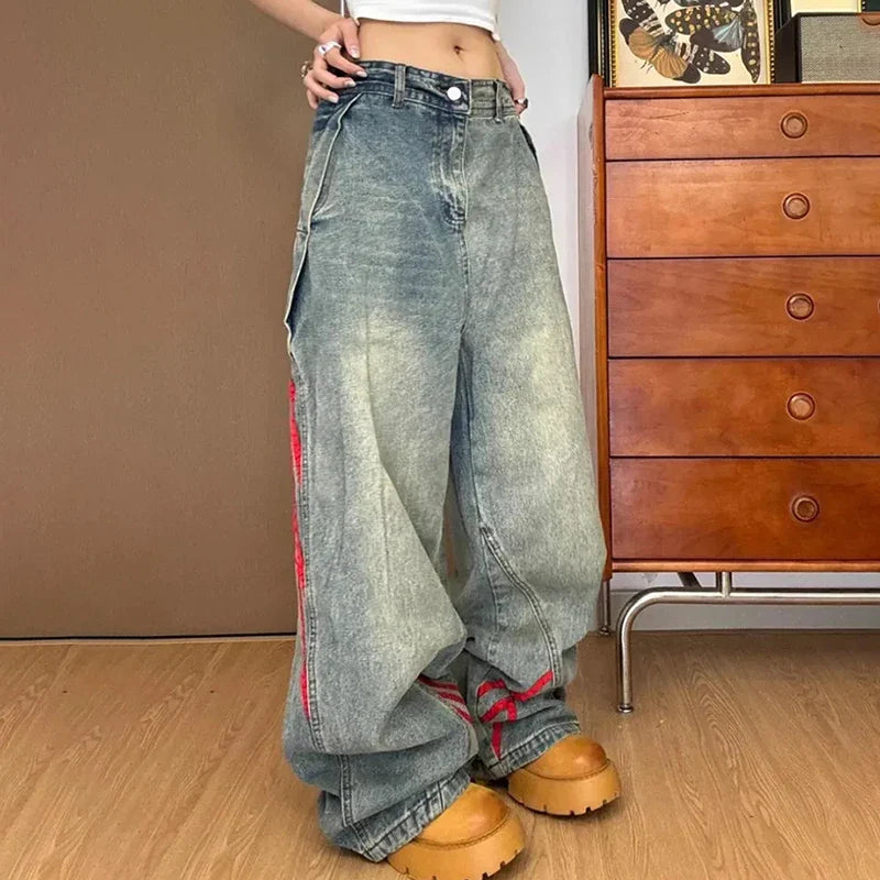 Autumn And Winter Korean Fashion Women'S Straight Leg Jeans With Side Stripes Wide Leg Pants Casual Pants Blue Jeans