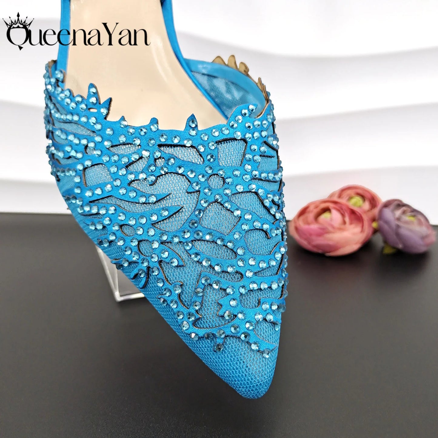 Nigerian Style Elegant Women's Party Shoes  Luxury Full of Diamonds Shoes Sky Blue Pointed High Heel Shoe Bag Set