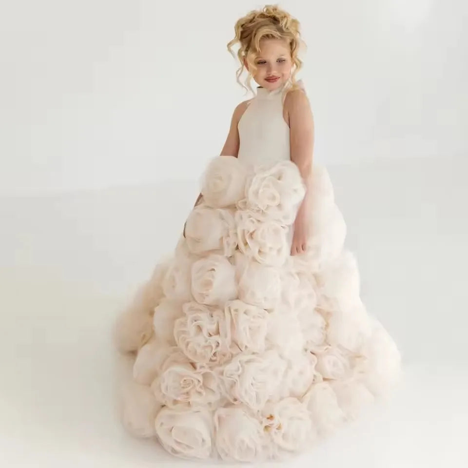 Flower Girl DressesLuxury White Ivory Flower Flower Girl Dresses Pearls Dubai Kids Princess Birthday Wedding Party Children Holi