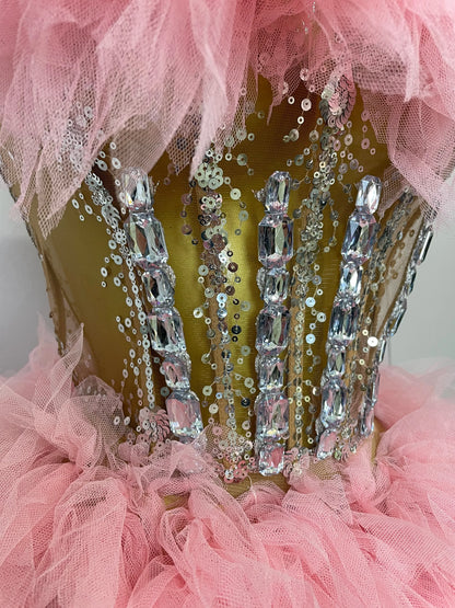 2025Women Sexy Backless Strap Mesh Fluffy Skirt 2 Pieces Diamond Sequins Stage Performance Costume Birthday Party Shooting Dress