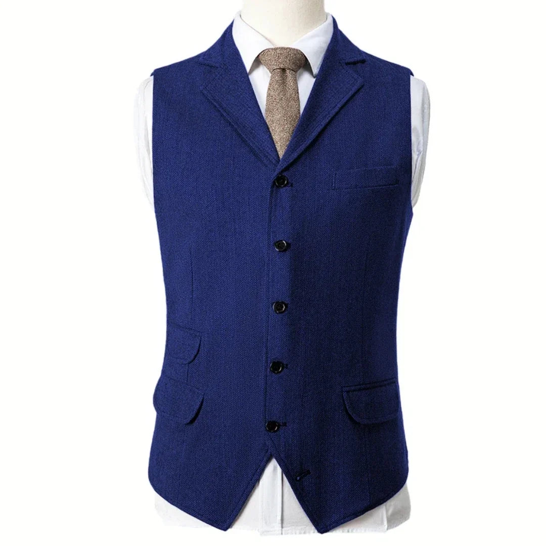 Men Vest Blue Herringbone Single Button With Lapel Waistcoat For Wedding Birthday Banquet Party Business Work Men Suit Vest