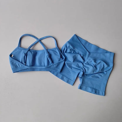 2PCS Women's High Waist Seamless Yoga Gym Set Sports Bra Top with Scrunch Shorts Fitness Workout Sportswear