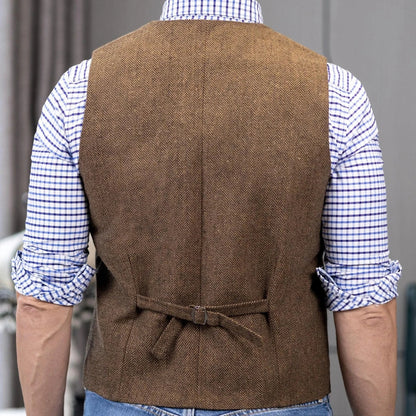 Men Vest Brown Herringbone Single Button With Lapel Waistcoat For Wedding Party Banquet Prom Business Work Casual Daily Men Vest
