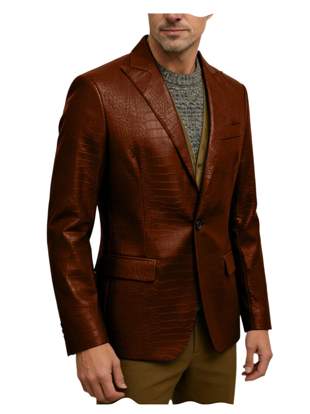 Vintage Men's Crocodile Embossed Leather Blazer Notch Lapel 1 Button Jacket Business Casual Formal Luxury Coat With Flap Pockets
