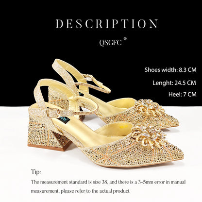 New Style Evening Shoes and Bag Set Comfortable Thick Heel Shoes With Oval Stand Bag Comes with Metal Double Chain