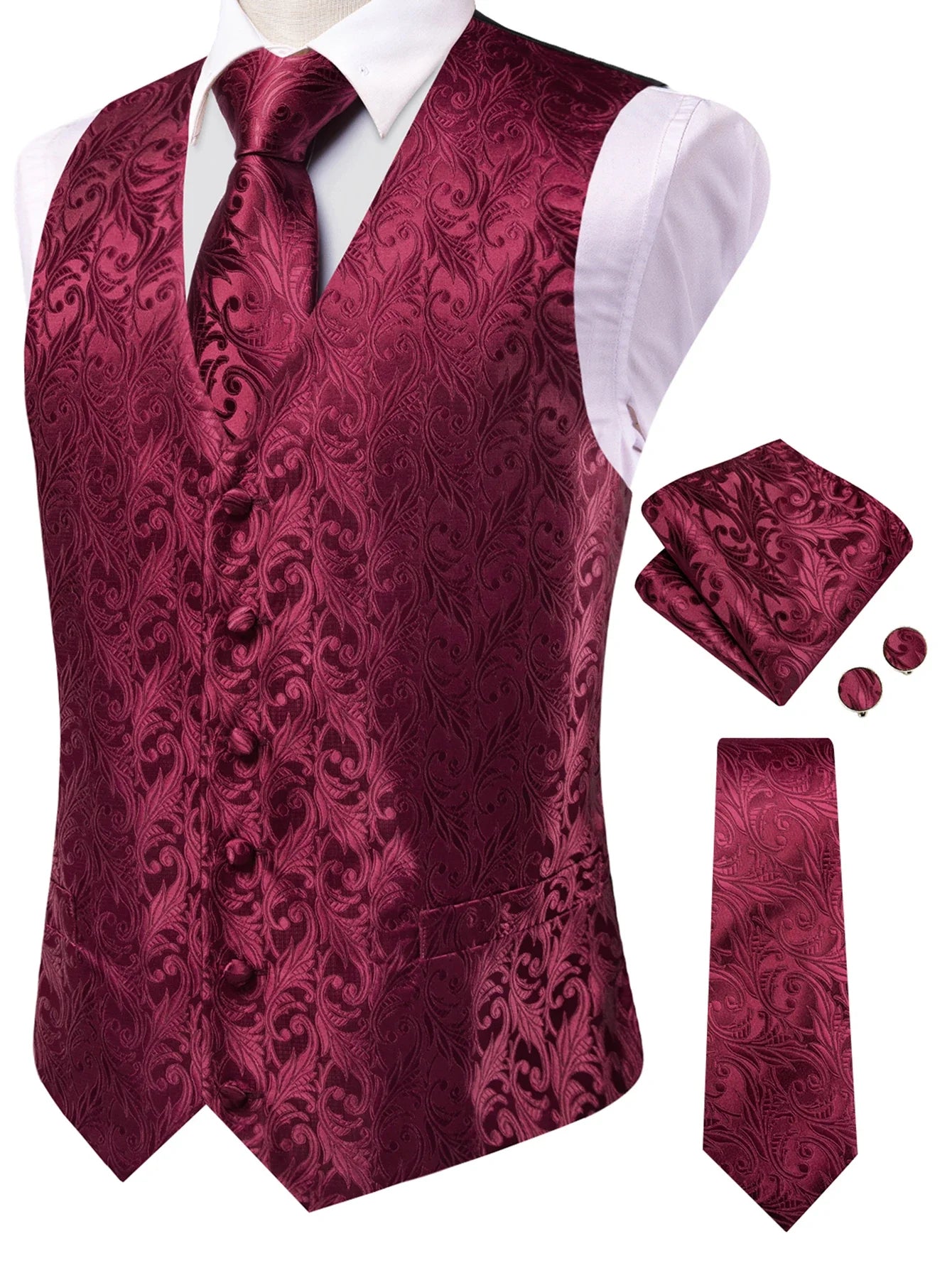 Men's Classic Floral Vest & Tie Hanky Cufflinks Set – Waistcoat for Weddings Events Party Gift