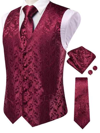 Men's Classic Floral Vest & Tie Hanky Cufflinks Set – Waistcoat for Weddings Events Party Gift