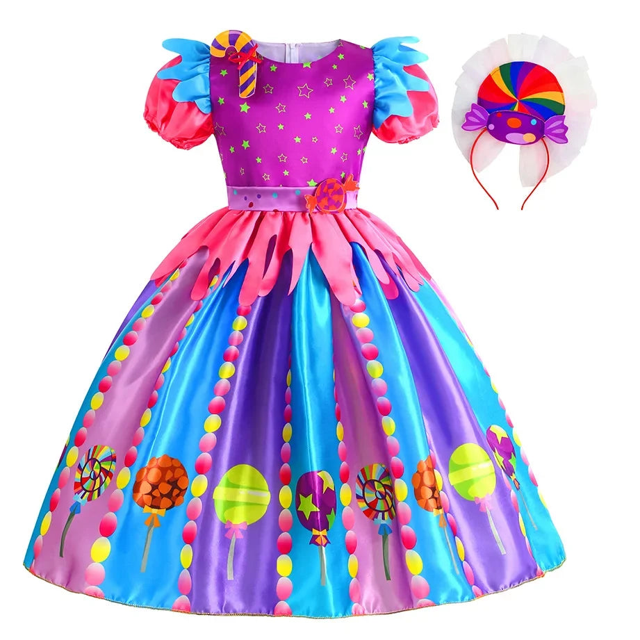 2025 Purim Festival Suspender Rainbow Dress For Girl Candy Lollipop Costume Party Gift Candy Dress + Lollipop Accessories Suit