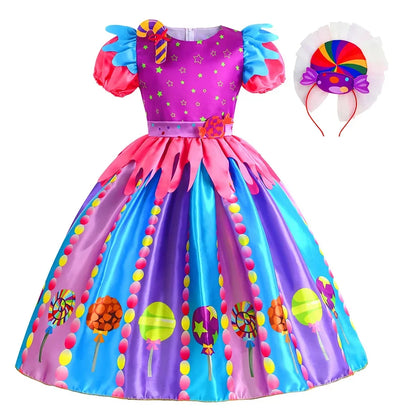 2025 Purim Festival Suspender Rainbow Dress For Girl Candy Lollipop Costume Party Gift Candy Dress + Lollipop Accessories Suit