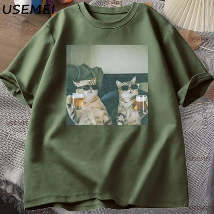 Funny Cool Cat Drinking Beer T-shirt Casual Cotton Short Sleeve T Shirt Man Clothes Harajuku Round Neck Men's Designer Tops