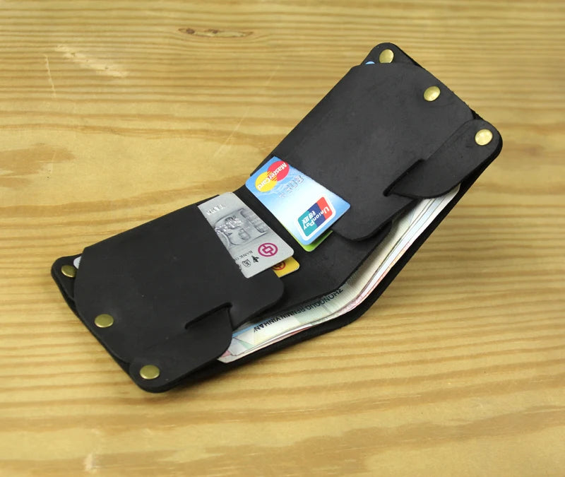 Fashion PUNK Handmade Crazy Horse Genuine Leather Wallet Men Money clip Short Wallet Bag Stud male Purse Card Holder Wallet