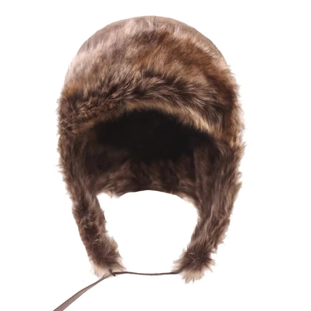 New Leather Winter Hat Faux Fur Lined Pilot Ski Ushanka Thicken Warm Windproof Snow Cap With Ear Flap Men's Hats & Caps
