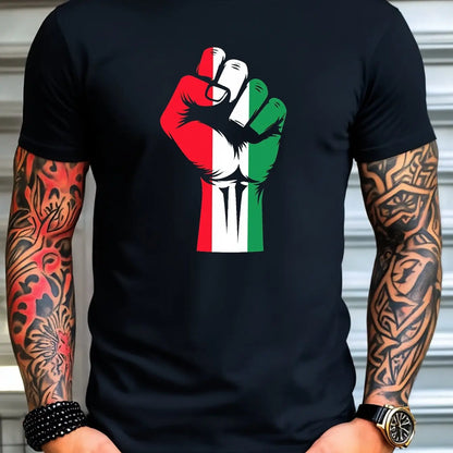 Men'S Patriotic Fist Graphic T-Shirt Micro-Stretch Regular Fit Casual Summer Tee with Italian Flag Design Men Clothing