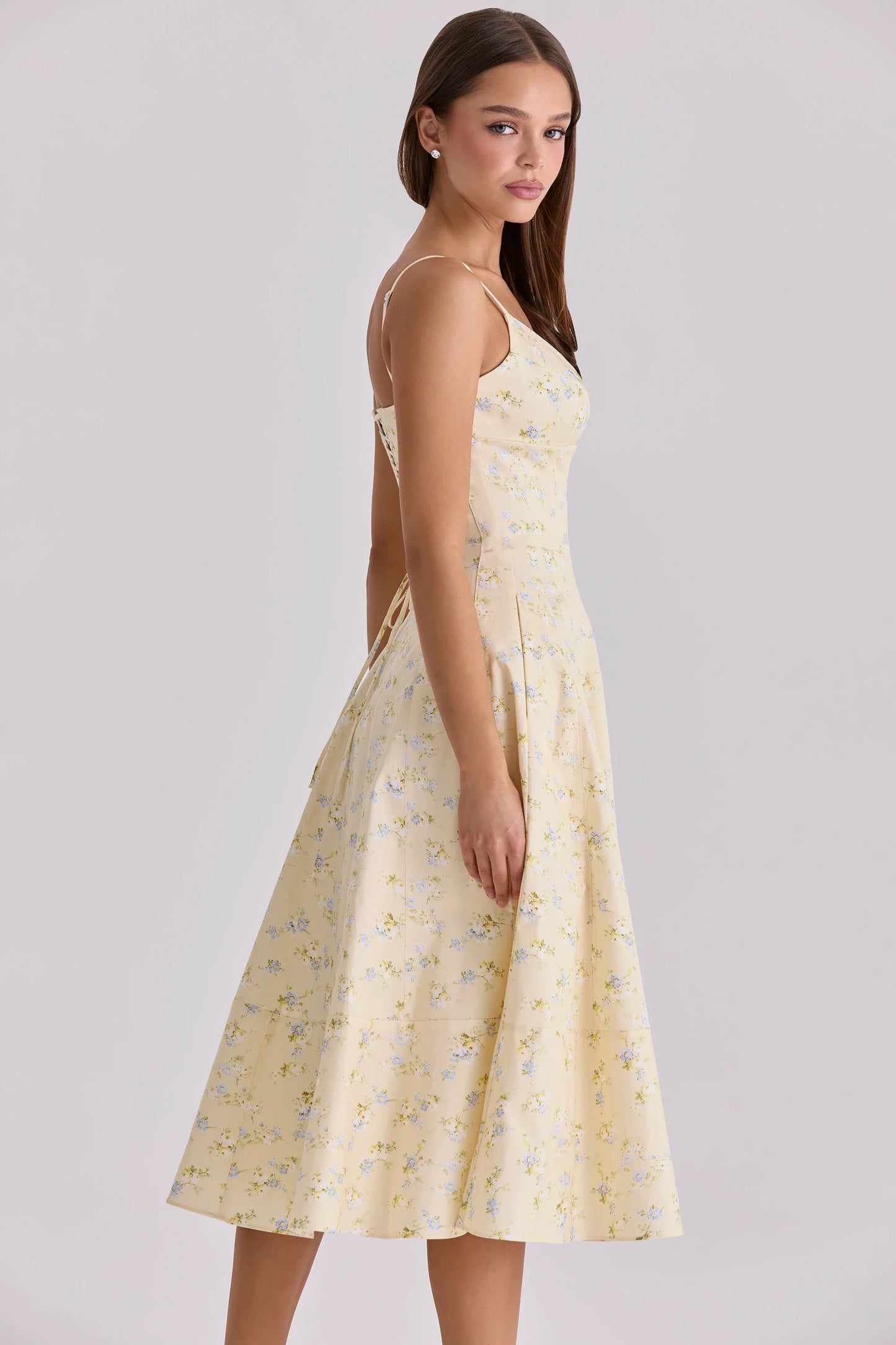 Summer V-neck Lace-up Back Floral Print A-line Midi Dress Casual Party Sun Dress for Women
