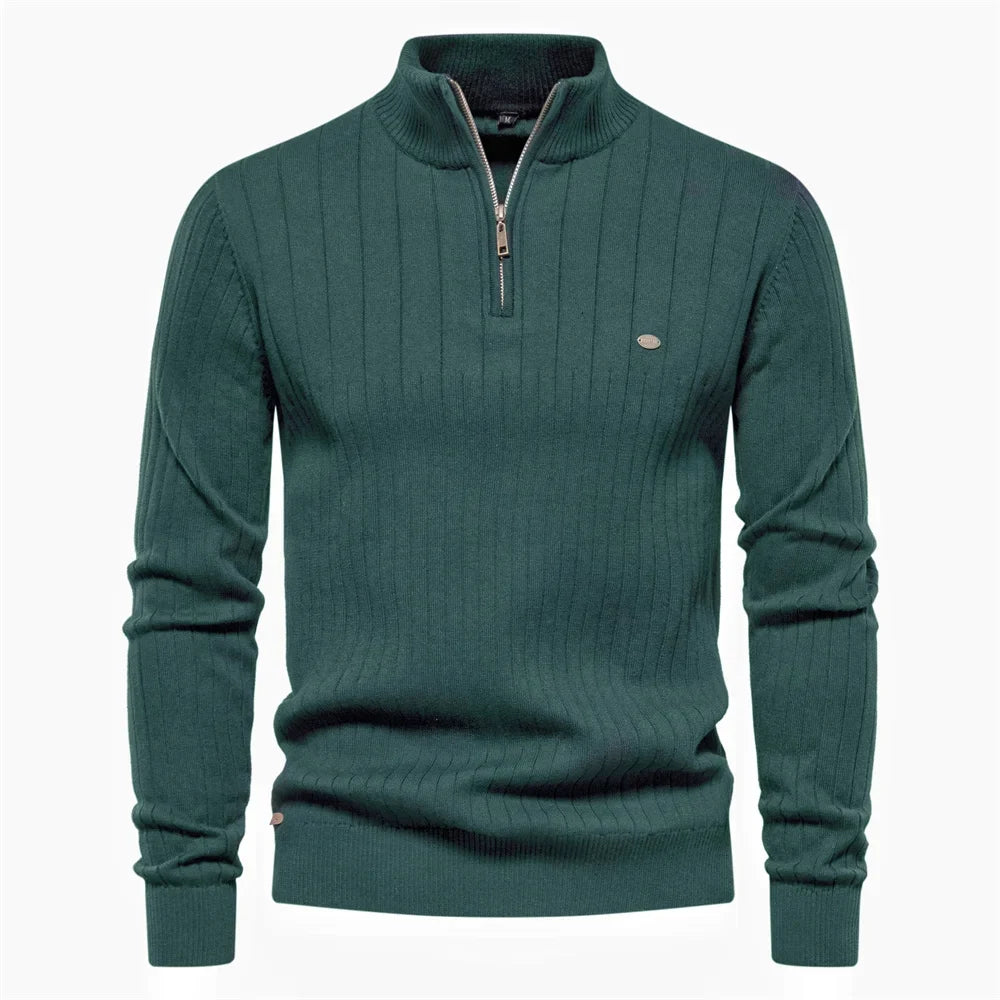 2024 Autumn Quarter Zipper Mock Neck Pullover Sweaters for Men Quality Warm Winter Cotton Knitted Men's Sweaters