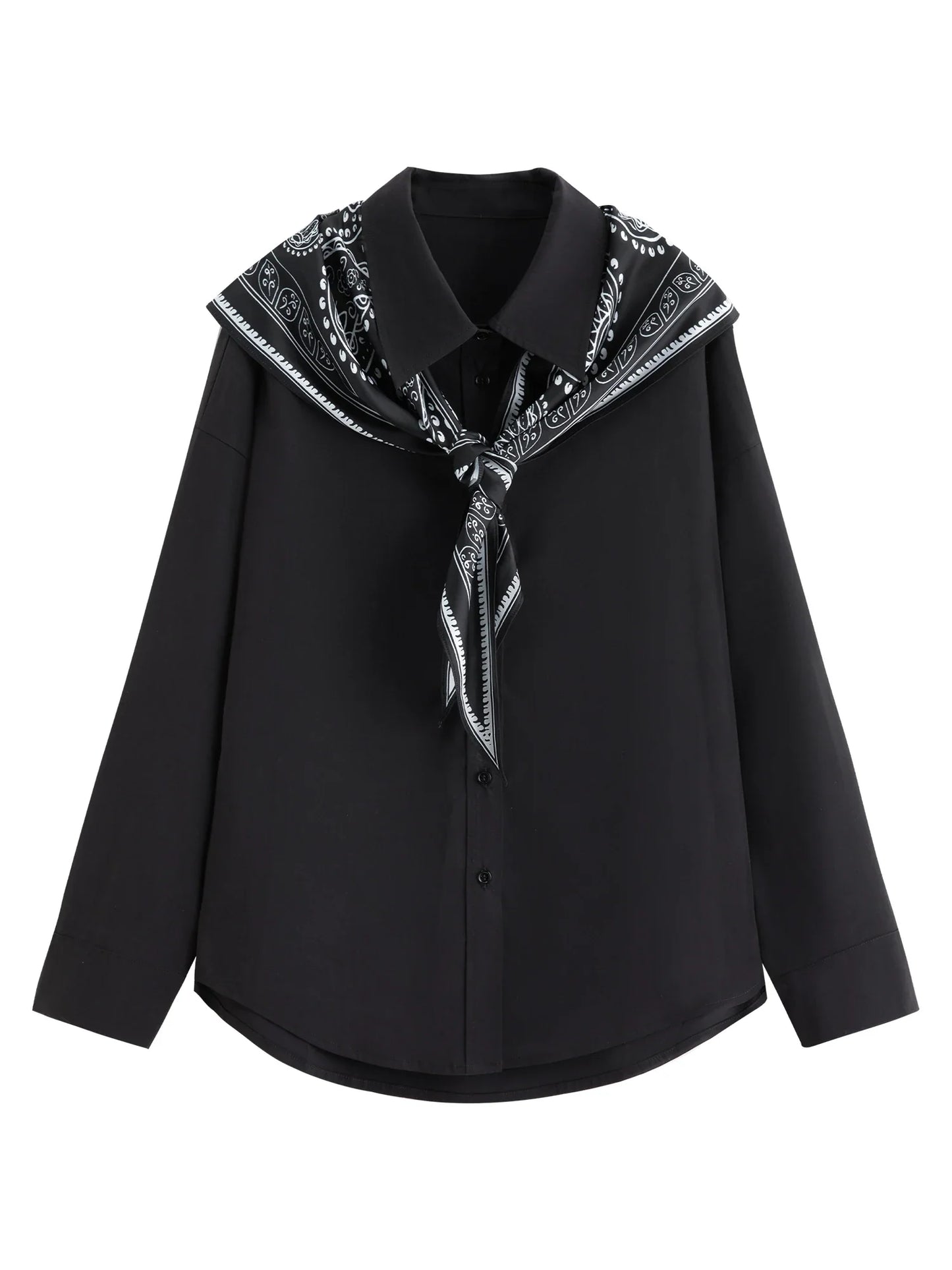 Vintage Print Long Sleeve Blouse for Women with Silk Scarf Collar Turned-Up Collar Commute Casual 2026 New Arrival Shirts
