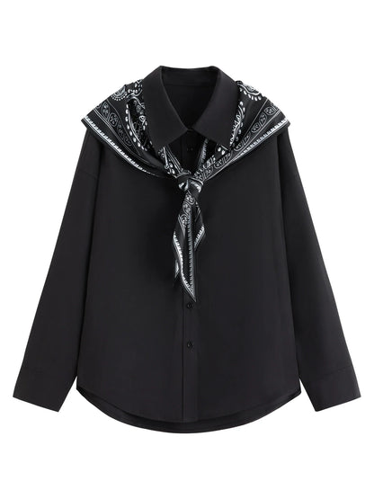 Vintage Print Long Sleeve Blouse for Women with Silk Scarf Collar Turned-Up Collar Commute Casual 2026 New Arrival Shirts